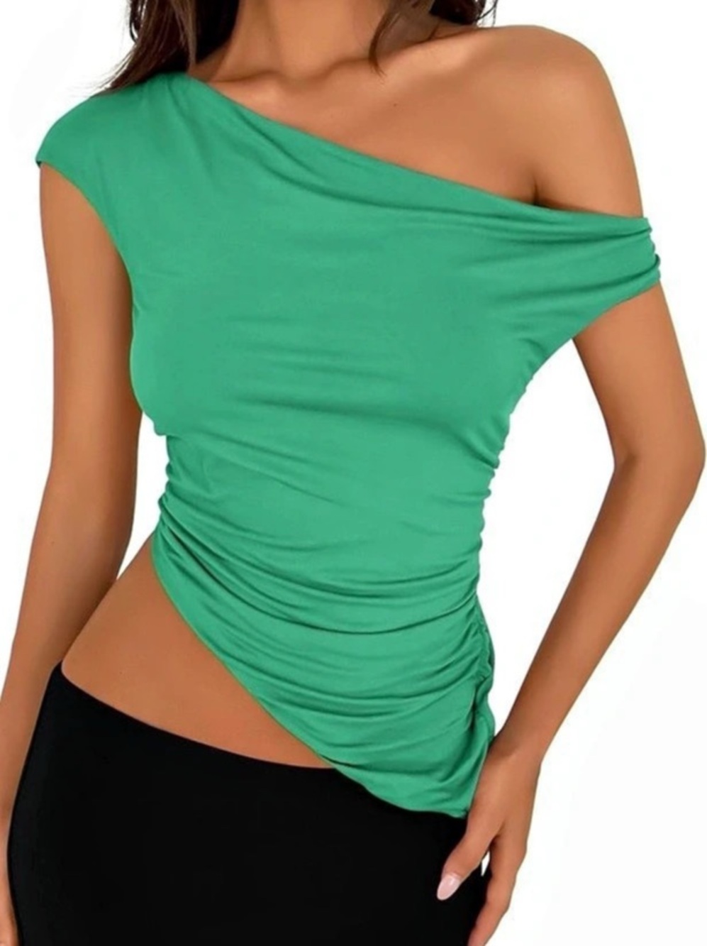 PRETTYGARDEN One Shoulder Ruched Asymmetrical Top Green Top
